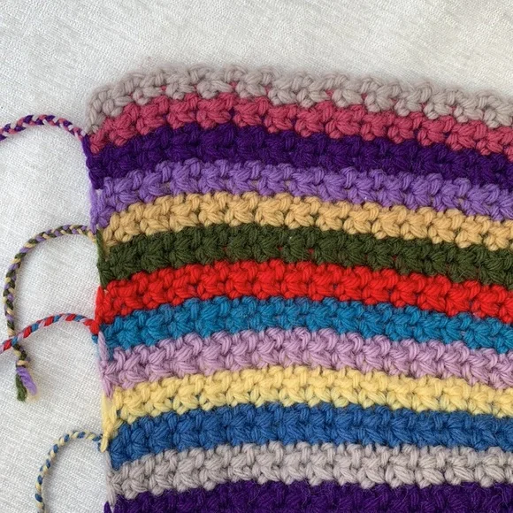 Vintage Handmade Crochet Knit Rainbow Afghan Blanket Fringe “Granny Square” - Picture 6 of 9